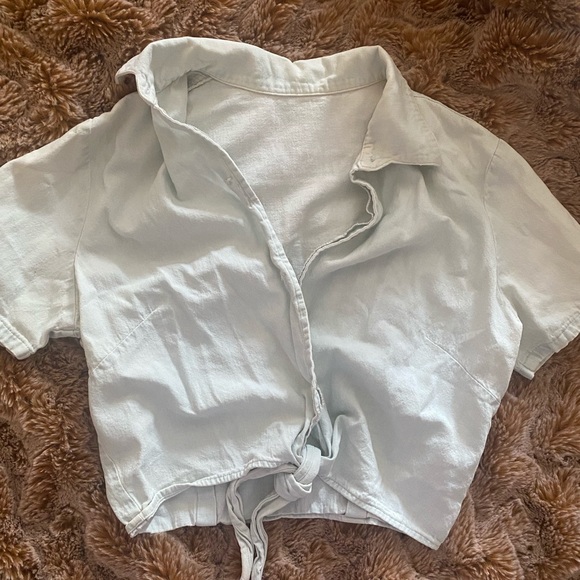 American Apparel cropped denim short sleeve button down with tie - Picture 1 of 8
